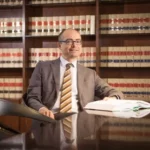 Alejandro Rodríguez Miguélez assis à une table de réunion avec des livres de droit en arrière-plan